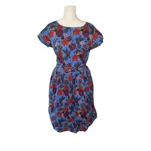 RUN & FLY Cotton Floral Print Dress Pleated Pockets US 10 Blue Purple